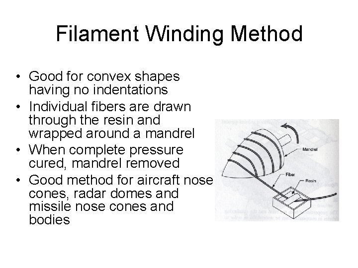 Filament Winding Method • Good for convex shapes having no indentations • Individual fibers