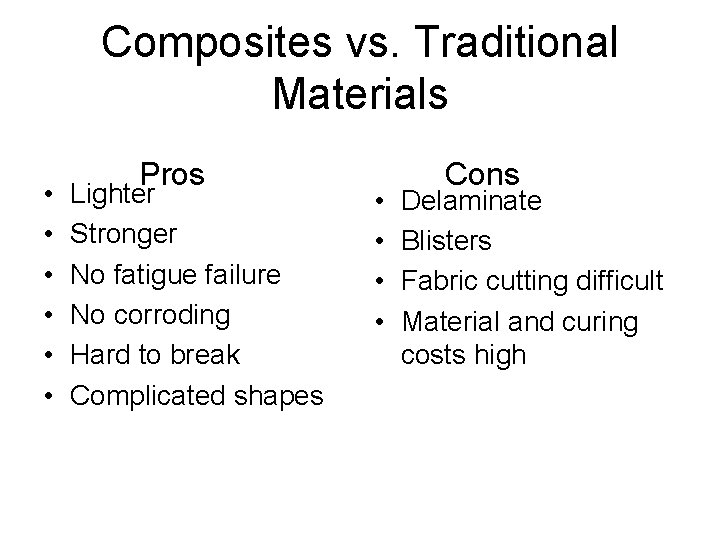 Composites vs. Traditional Materials • • • Pros Lighter Stronger No fatigue failure No