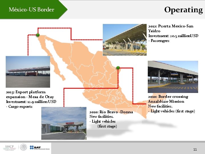 Operating México-US Border 2012: Puerta Mexico-San Ysidro Investment: 20. 5 million. USD - Passengers