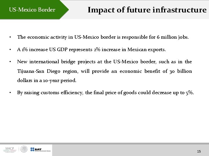 US-Mexico Border Impact of future infrastructure • The economic activity in US-Mexico border is