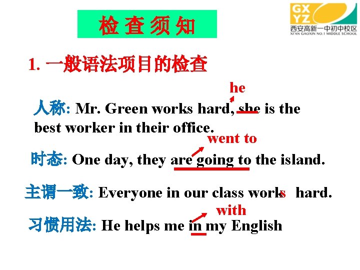 检查须知 1. 一般语法项目的检查 he 人称: Mr. Green works hard, she is the best worker