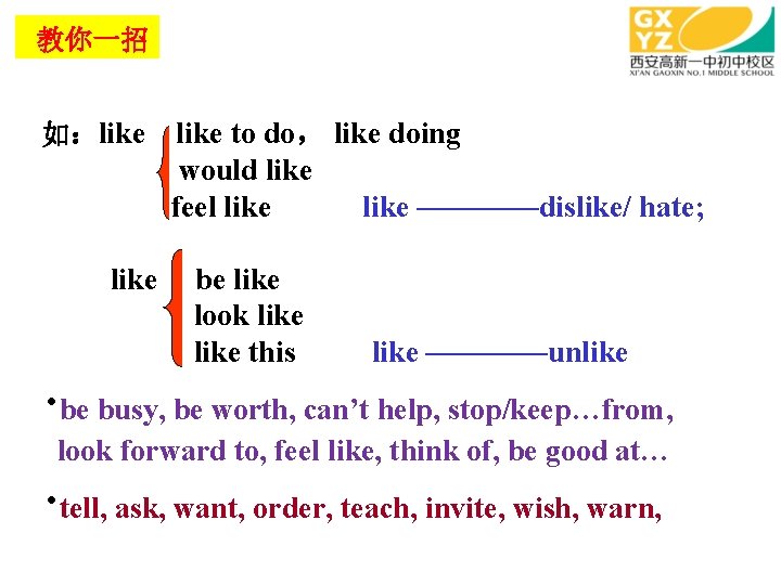 教你一招 如：like to do， like doing would like feel like ————dislike/ hate; be like