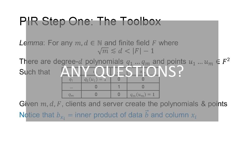 PIR Step One: The Toolbox • ANY QUESTIONS? 0 0 0 1 0 0