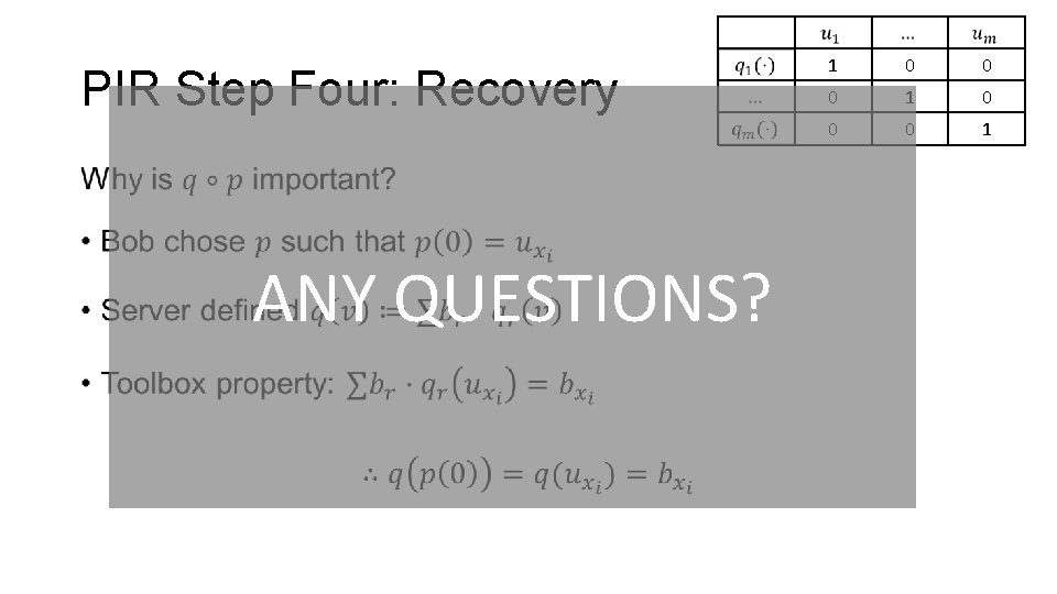 PIR Step Four: Recovery • ANY QUESTIONS? 1 0 0 0 1 