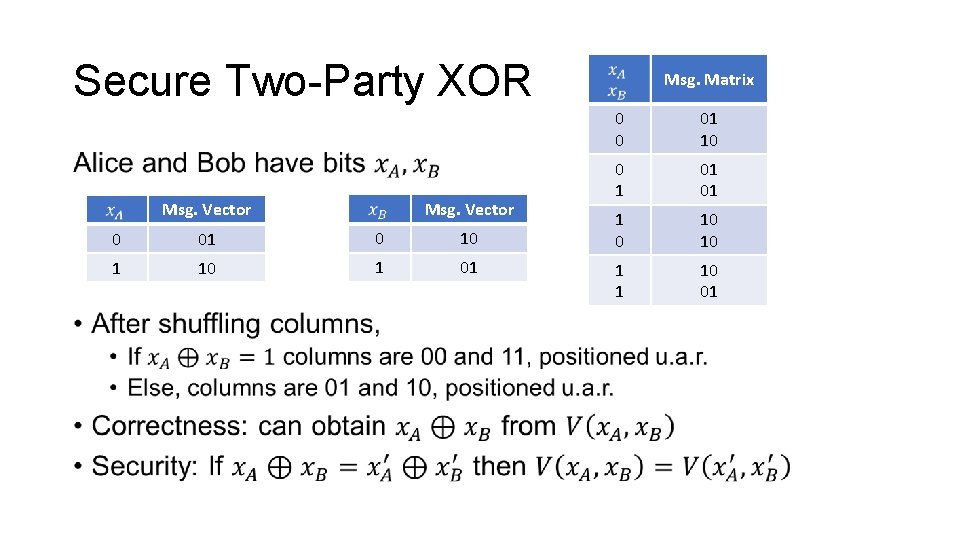 Secure Two-Party XOR • Msg. Vector 0 01 0 10 1 01 Msg. Matrix