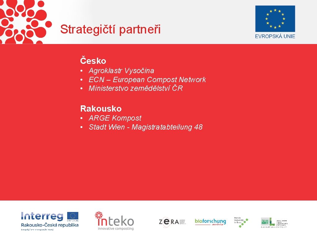 Strategičtí partneři Česko • Agroklastr Vysočina • ECN – European Compost Network • Ministerstvo