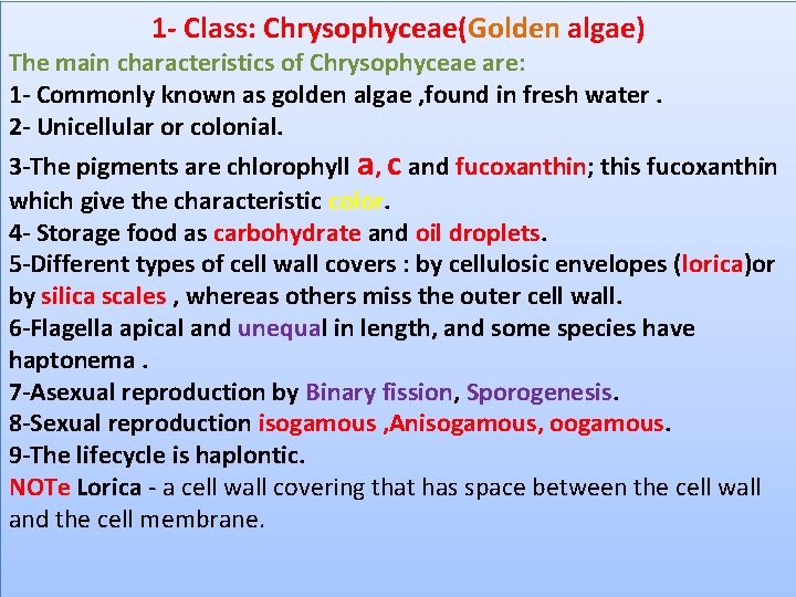 1 - Class: Chrysophyceae(Golden algae) The main characteristics of Chrysophyceae are: 1 - Commonly 1 - Class: Chrysophyceae(Golden algae) The main characteristics of Chrysophyceae are: 1 - Commonly