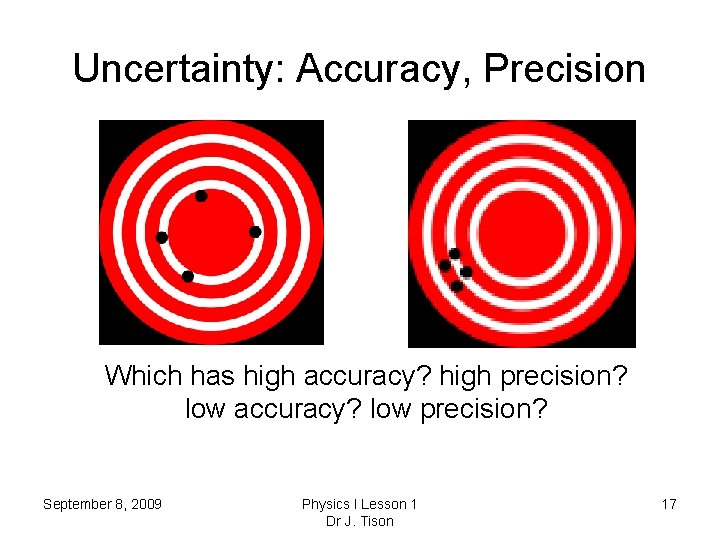 Uncertainty: Accuracy, Precision Which has high accuracy? high precision? low accuracy? low precision? September