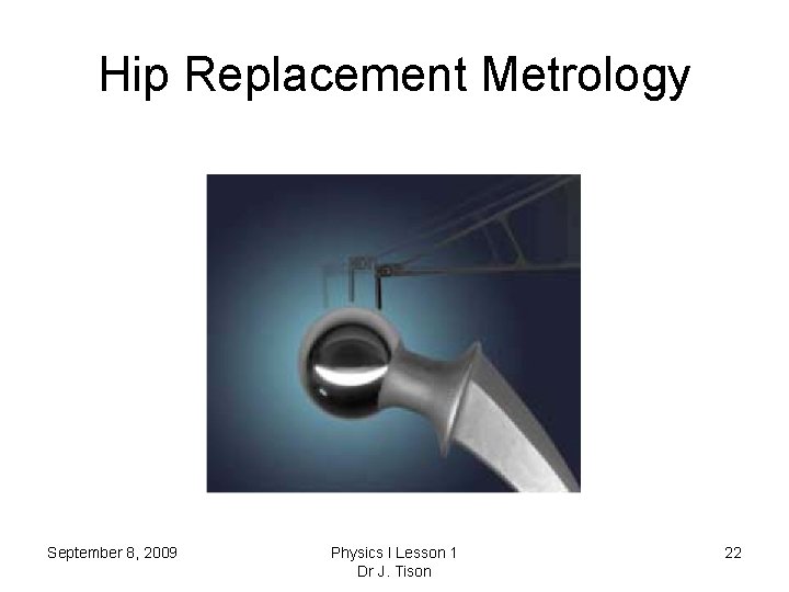 Hip Replacement Metrology September 8, 2009 Physics I Lesson 1 Dr J. Tison 22