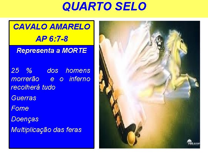 QUARTO SELO CAVALO AMARELO AP 6: 7 -8 Representa a MORTE 25 % dos