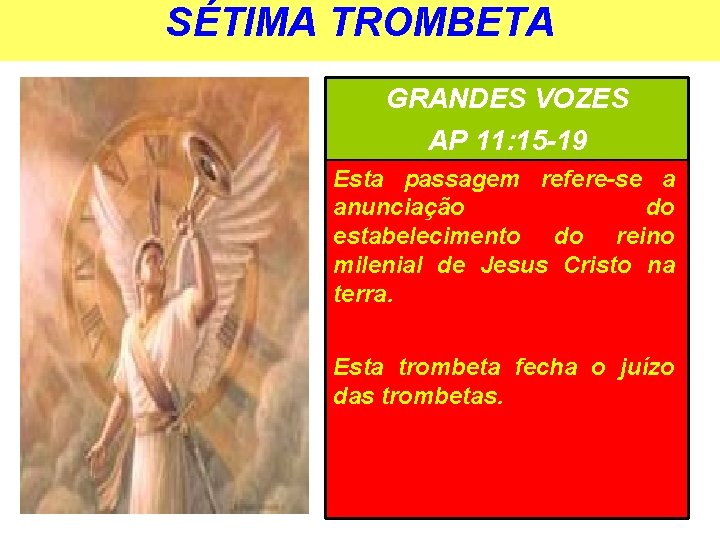 SÉTIMA TROMBETA GRANDES VOZES AP 11: 15 -19 Esta passagem refere-se a anunciação do