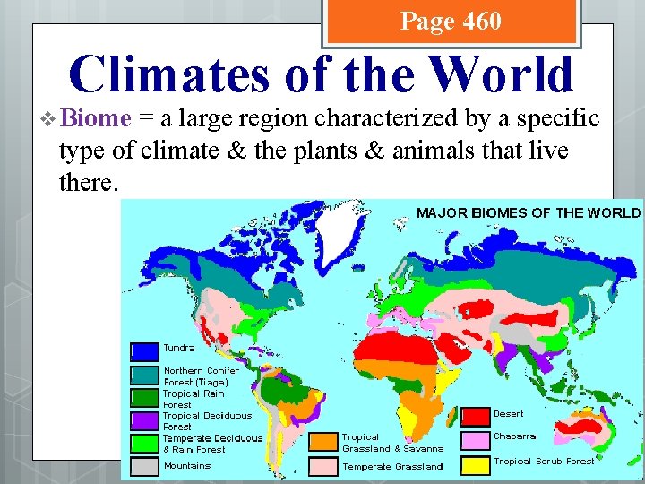 Page 460 Climates of the World v Biome = a large region characterized by