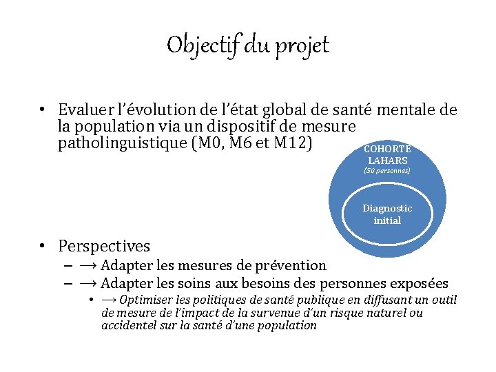 Objectif du projet • Evaluer l’évolution de l’état global de santé mentale de la