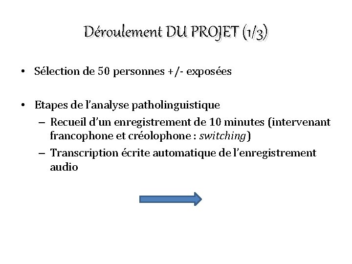 Déroulement DU PROJET (1/3) • Sélection de 50 personnes +/- exposées • Etapes de