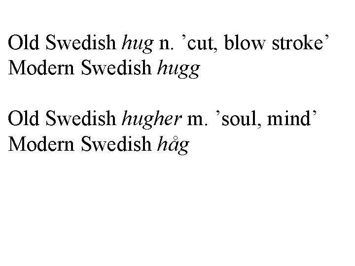 Old Swedish hug n. ’cut, blow stroke’ Modern Swedish hugg Old Swedish hugher m.