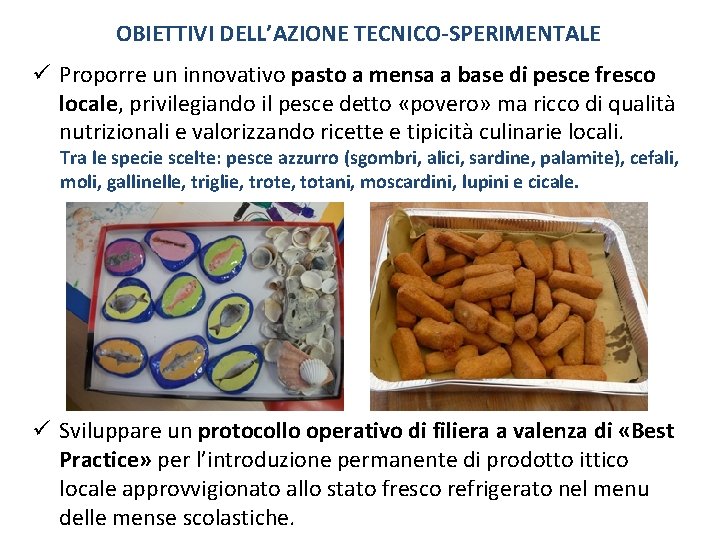 OBIETTIVI DELL’AZIONE TECNICO-SPERIMENTALE ü Proporre un innovativo pasto a mensa a base di pesce