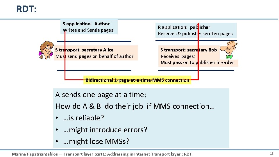 RDT: S application: Author Writes and Sends pages S transport: secretary Alice Must send