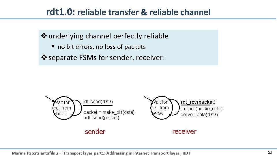 rdt 1. 0: reliable transfer & reliable channel v underlying channel perfectly reliable §