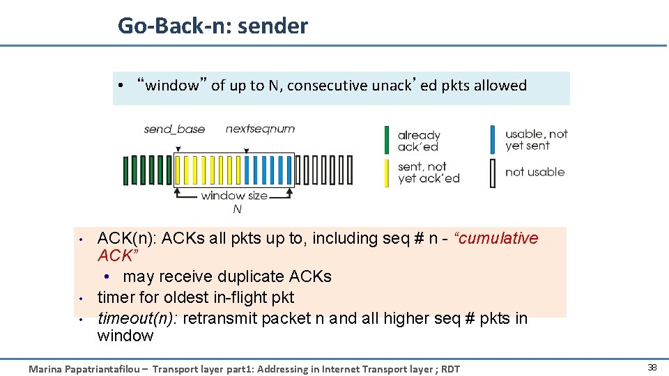 Go-Back-n: sender • “window” of up to N, consecutive unack’ed pkts allowed • •