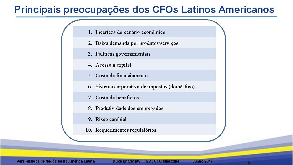 Principais preocupações dos CFOs Latinos Americanos 1. Incerteza do cenário econômico 2. Baixa demanda