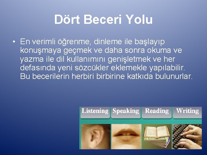 Dört Beceri Yolu • En verimli öğrenme, dinleme ile başlayıp konuşmaya geçmek ve daha