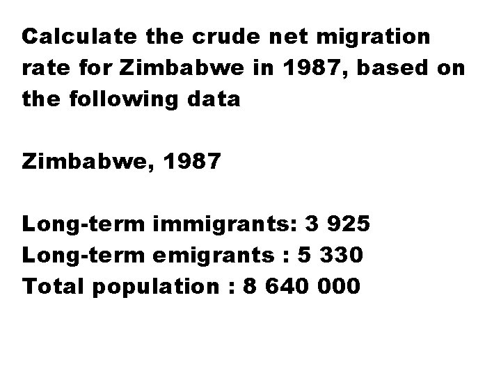 Calculate the crude net migration rate for Zimbabwe in 1987, based on the following