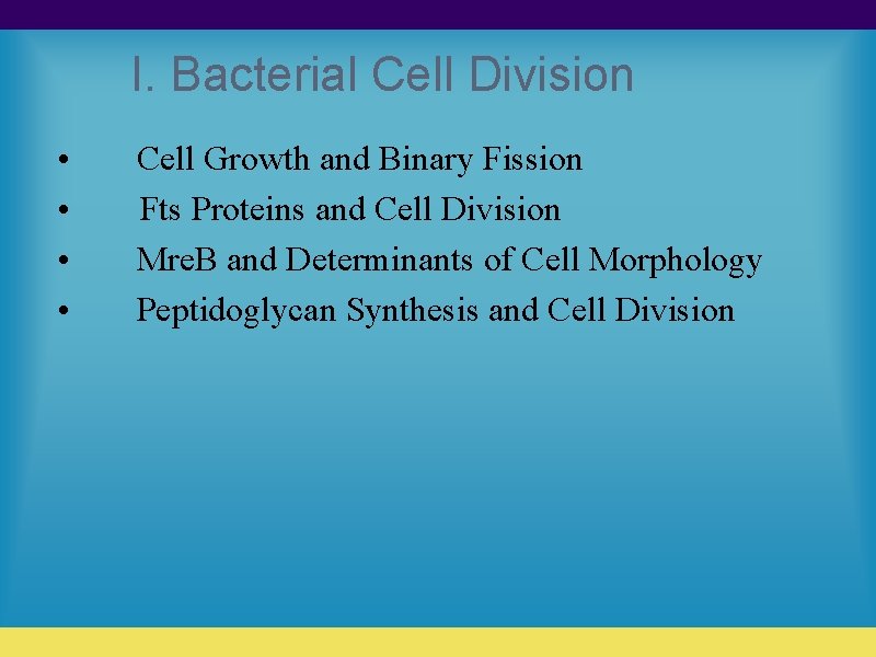 I. Bacterial Cell Division • • Cell Growth and Binary Fission Fts Proteins and