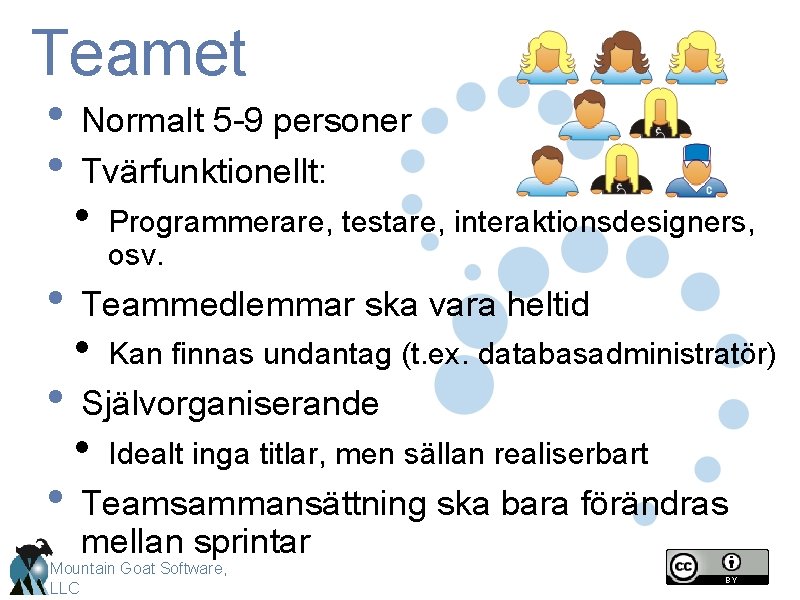 Teamet • • • Normalt 5 -9 personer Tvärfunktionellt: • Programmerare, testare, interaktionsdesigners, osv.