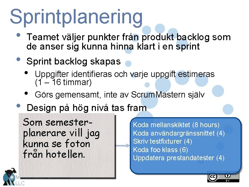 Sprintplanering • • • Teamet väljer punkter från produkt backlog som de anser sig