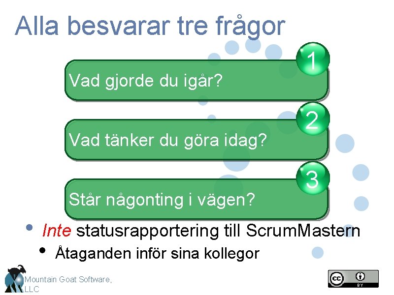 Alla besvarar tre frågor Vad gjorde du igår? Vad tänker du göra idag? Står