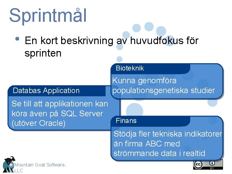 Sprintmål • En kort beskrivning av huvudfokus för sprinten Bioteknik Databas Application Kunna genomföra