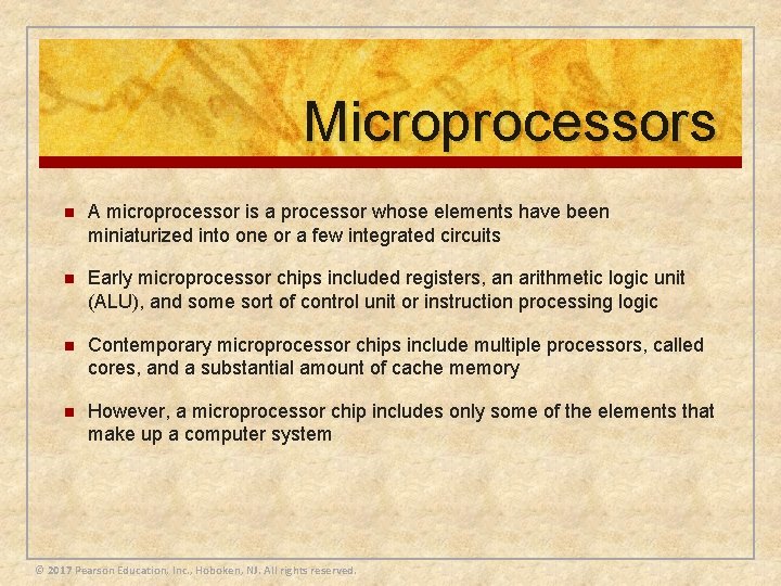 Microprocessors n A microprocessor is a processor whose elements have been miniaturized into one