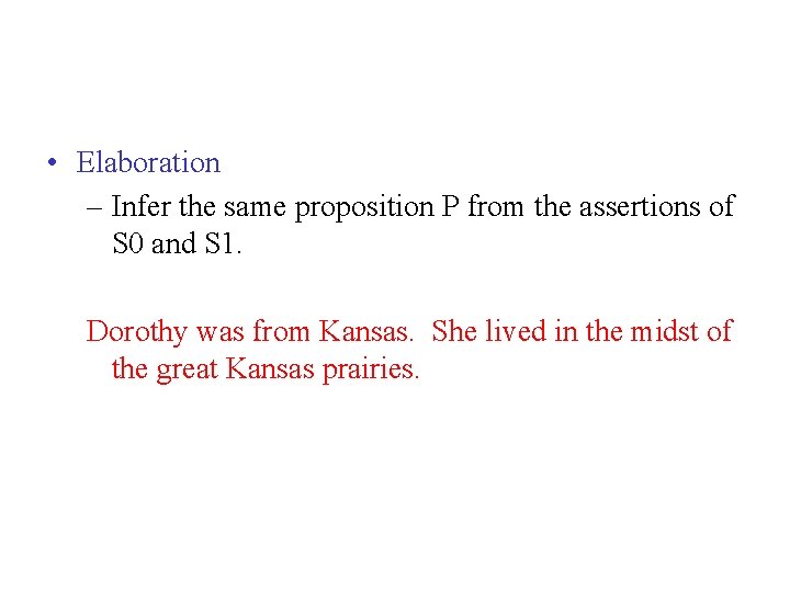  • Elaboration – Infer the same proposition P from the assertions of S