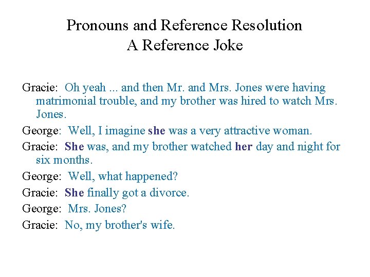 Pronouns and Reference Resolution A Reference Joke Gracie: Oh yeah. . . and then