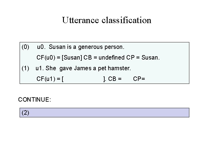 Utterance classification (0) u 0. Susan is a generous person. CF(u 0) = [Susan]