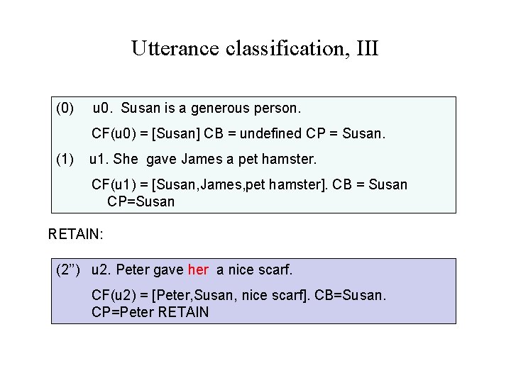 Utterance classification, III (0) u 0. Susan is a generous person. CF(u 0) =