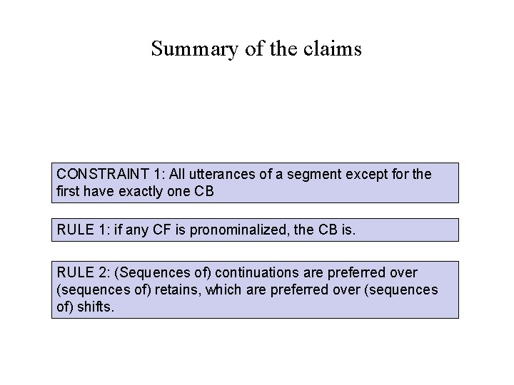 Summary of the claims CONSTRAINT 1: All utterances of a segment except for the