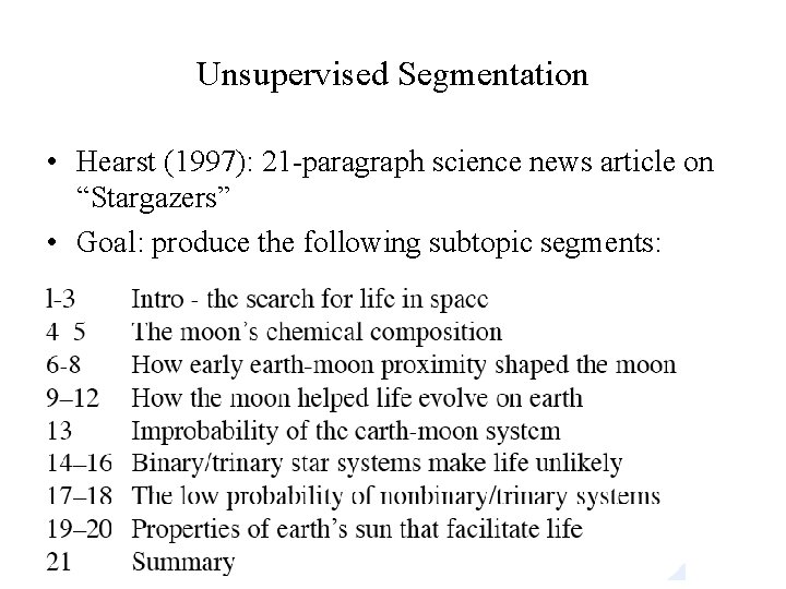 Unsupervised Segmentation • Hearst (1997): 21 -paragraph science news article on “Stargazers” • Goal: