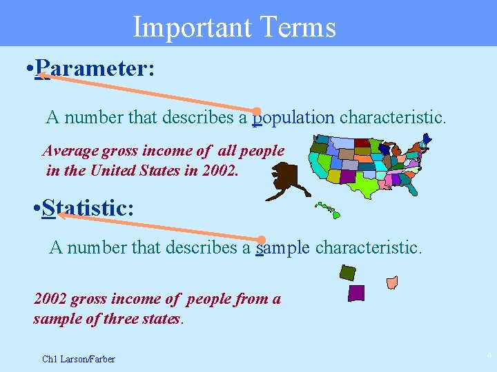 Important Terms • Parameter: A number that describes a population characteristic. Average gross income