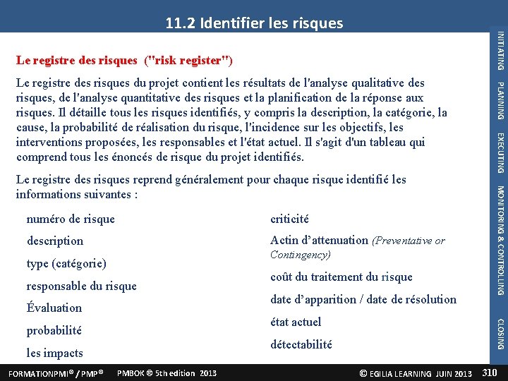 INITIATING 11. 2 Identifier les risques Le registre des risques ("risk register") criticité description