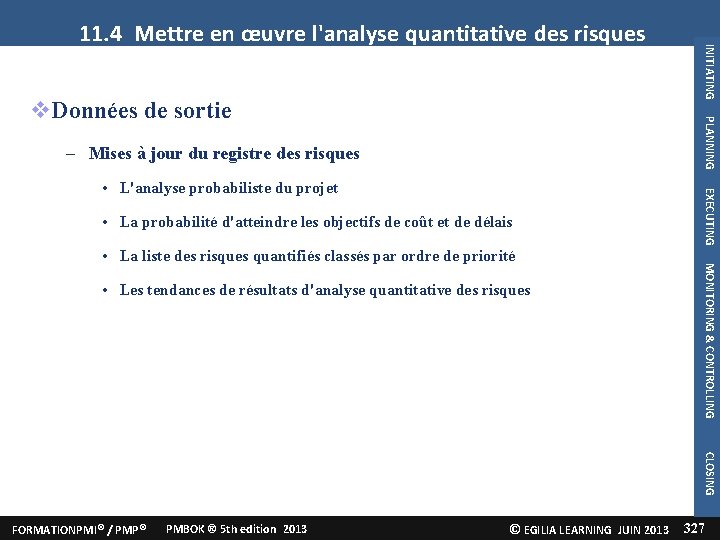 PLANNING Données de sortie INITIATING 11. 4 Mettre en œuvre l'analyse quantitative des risques