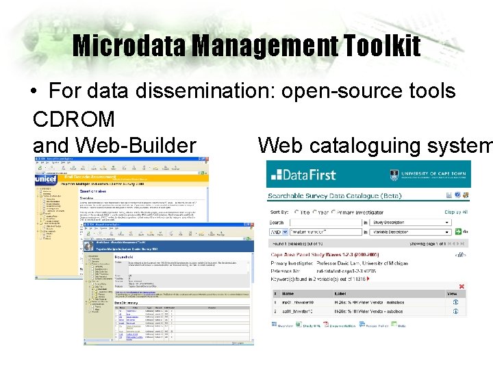 Microdata Management Toolkit • For data dissemination: open-source tools CDROM Web cataloguing system and