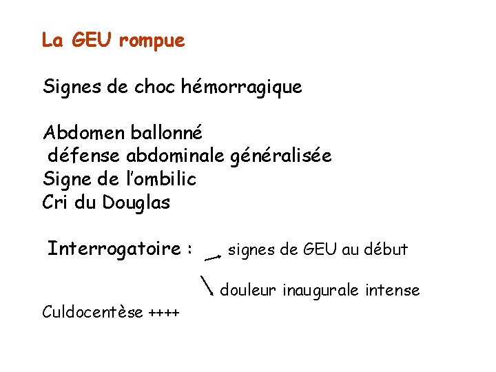 La GEU rompue Signes de choc hémorragique Abdomen ballonné défense abdominale généralisée Signe de