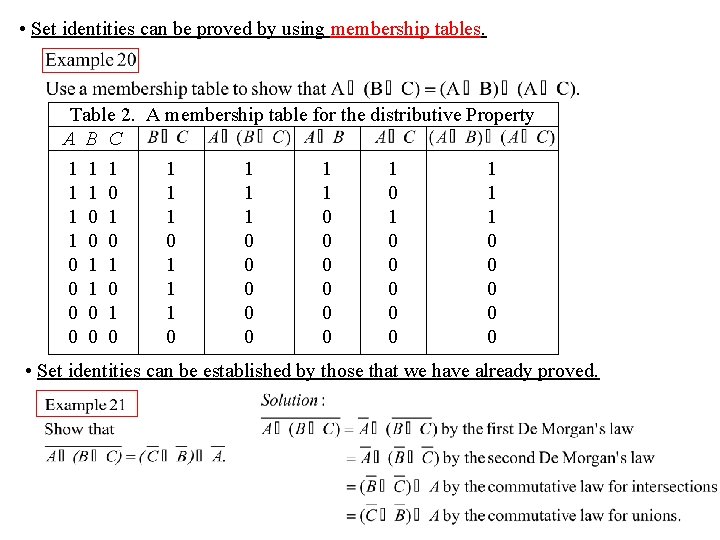 • Set identities can be proved by using membership tables. Table 2. A • Set identities can be proved by using membership tables. Table 2. A