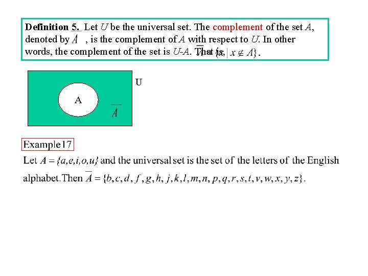 Definition 5. Let U be the universal set. The complement of the set A, Definition 5. Let U be the universal set. The complement of the set A,