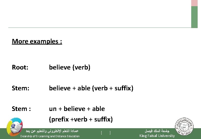 More examples : Root: believe (verb) Stem: believe + able (verb + suffix) Stem