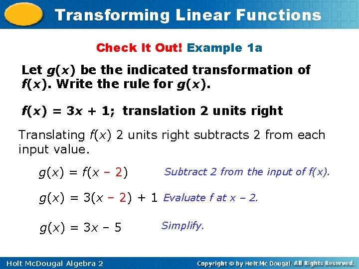 Transforming Linear Functions Check It Out! Example 1 a Let g(x) be the indicated