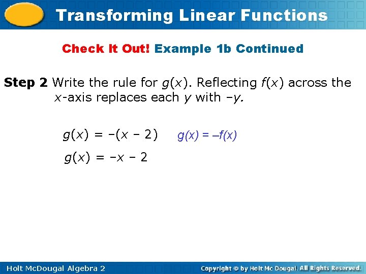 Transforming Linear Functions Check It Out! Example 1 b Continued Step 2 Write the