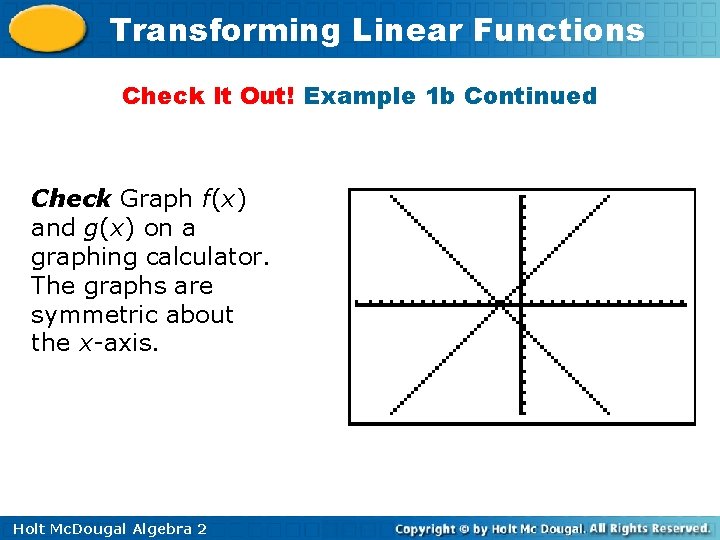 Transforming Linear Functions Check It Out! Example 1 b Continued Check Graph f(x) and
