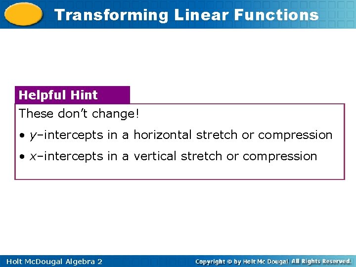 Transforming Linear Functions Helpful Hint These don’t change! • y–intercepts in a horizontal stretch